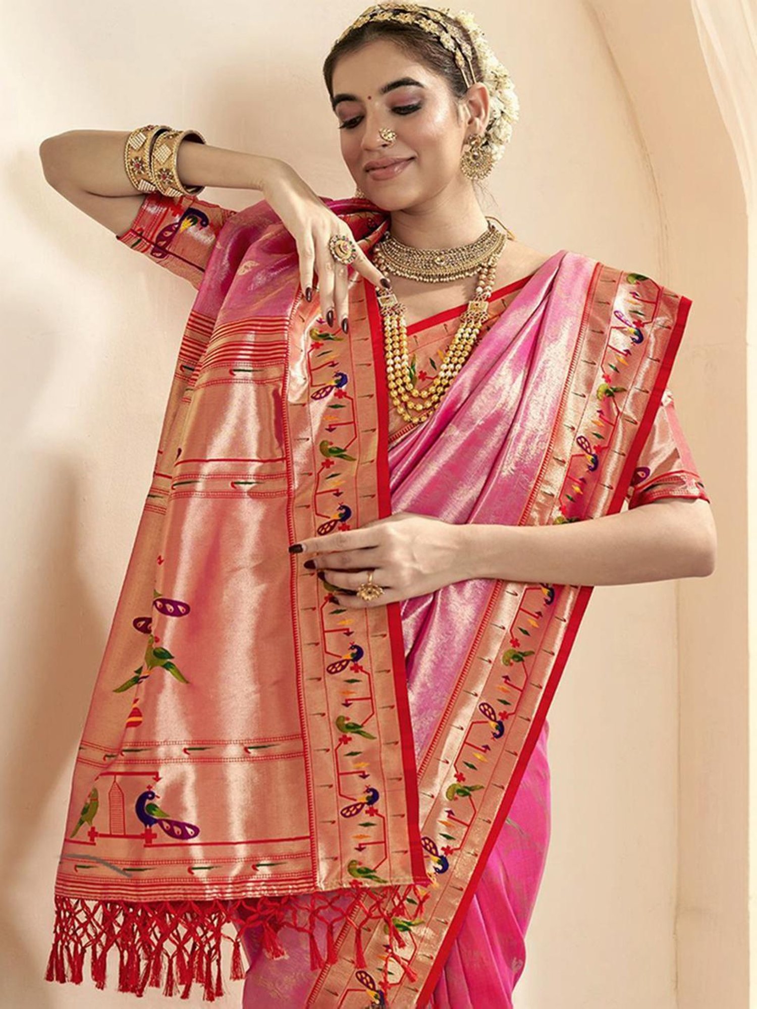 Satrani Pink Woven Saree With Unstitched Blouse