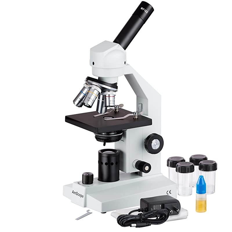M500LED Cordless Monocular Compound Microscope WF10x Eyepiece 40x1000x Magnification AntiMold Optics LED Illumination Brightfield Abbe Condenser Coarse and Fine Focus Plain Stage 110V or Battery