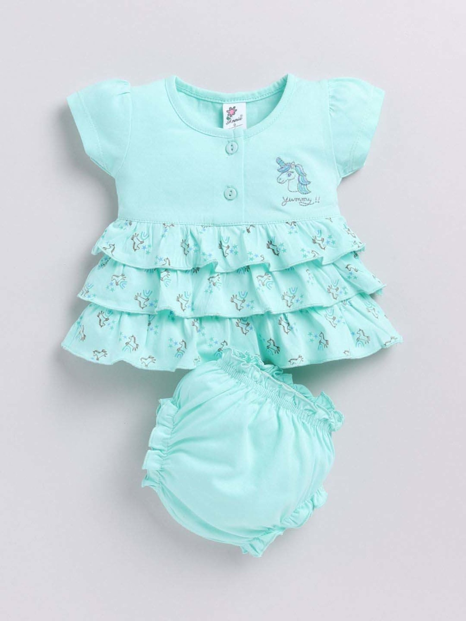 ANNIE Girls Green Cotton Printed Top & Short sets