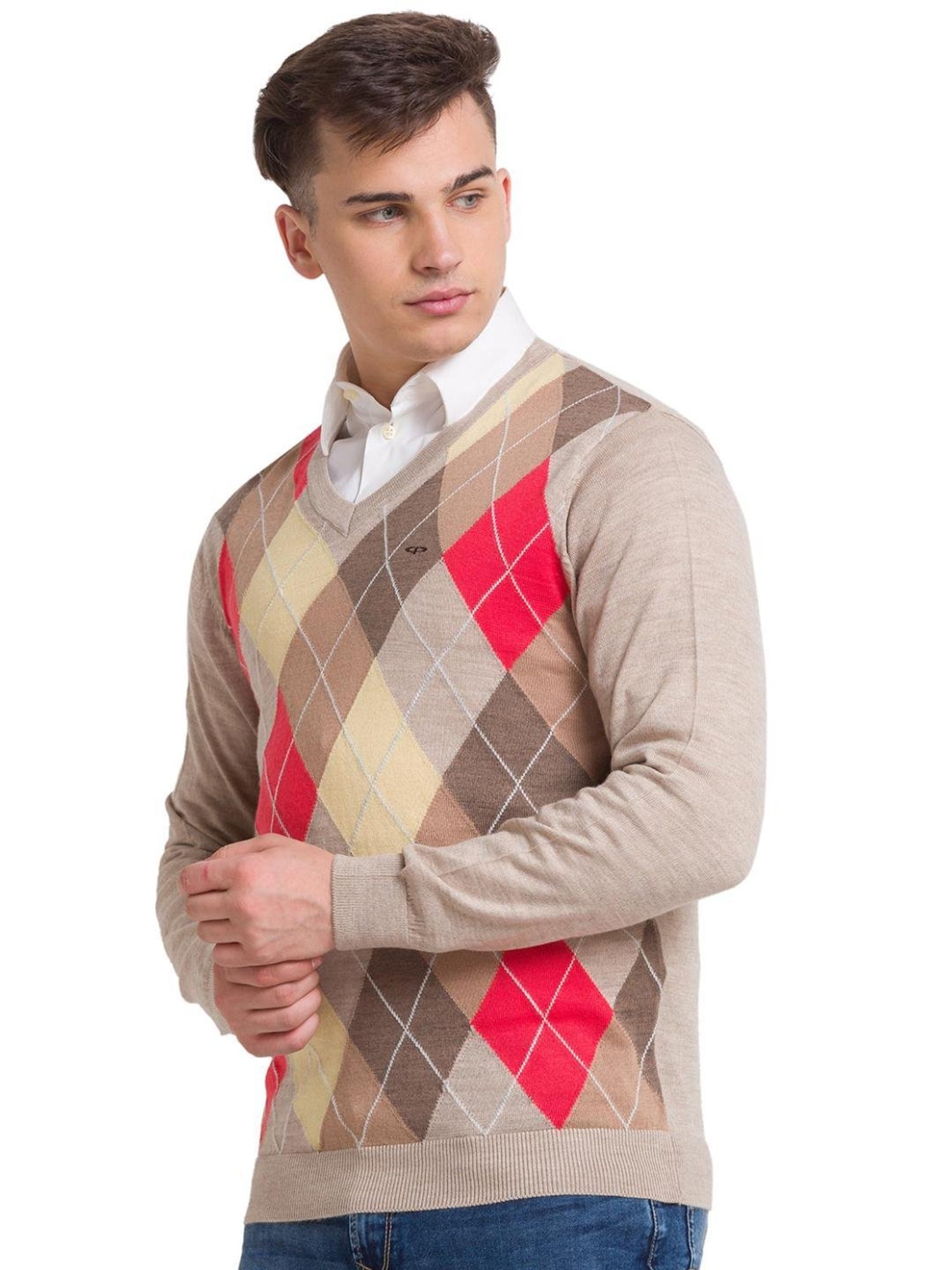 ColorPlus Beige Tailored Fit Self Pattern Sweater