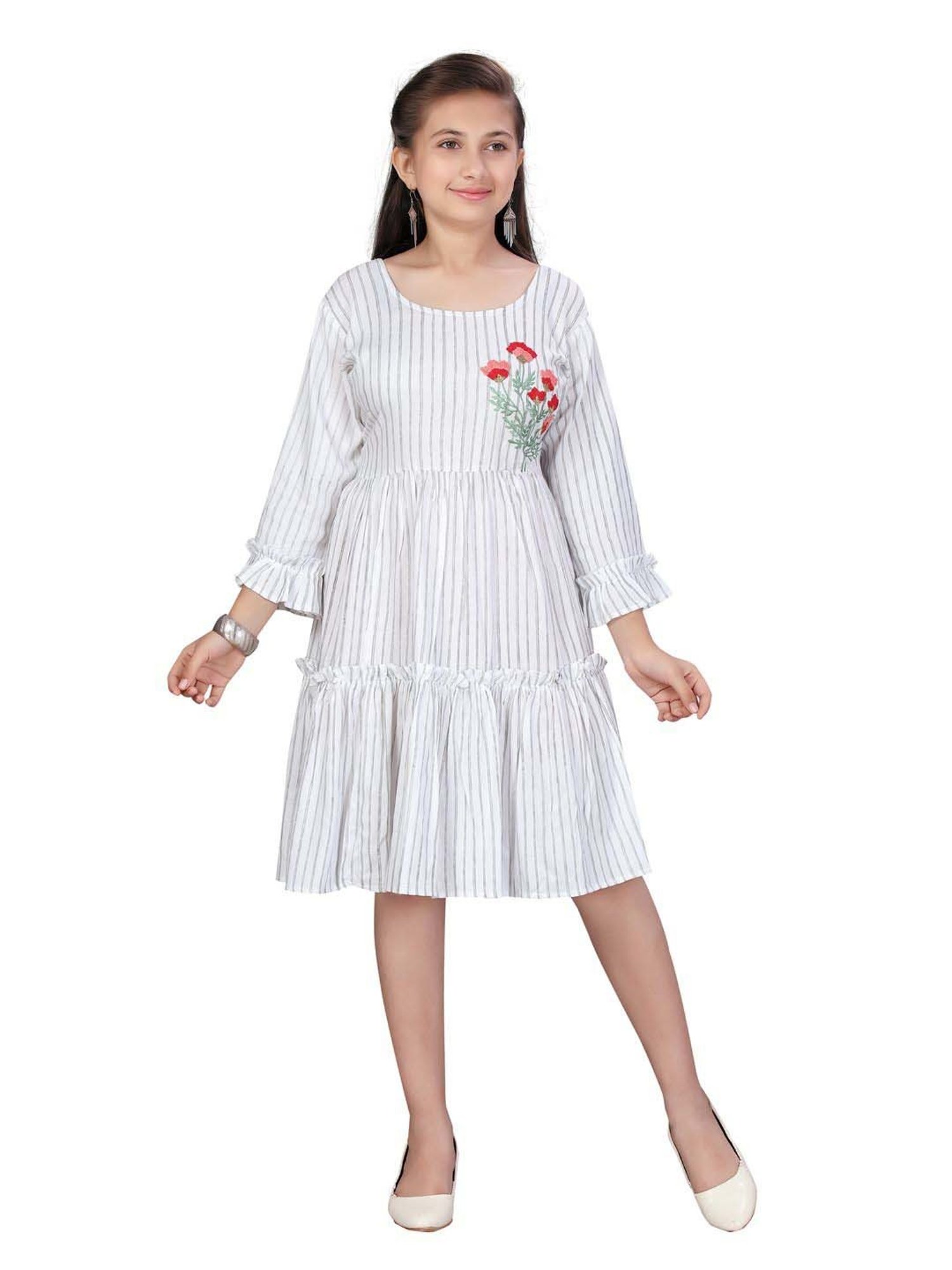 Aarika Kids Grey Cotton Embroidered Midi Dress