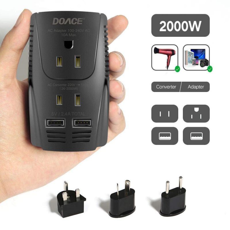 2019 Upgraded DOACE C11 2000W Travel Voltage Converter for Hair Dryer Straightener, Flat Iron, Set Down 220V to 110V, 10A Power Adapter with 2-port USB, EU/UK/AU/US Plug for Laptop, Camera, Cell Phone