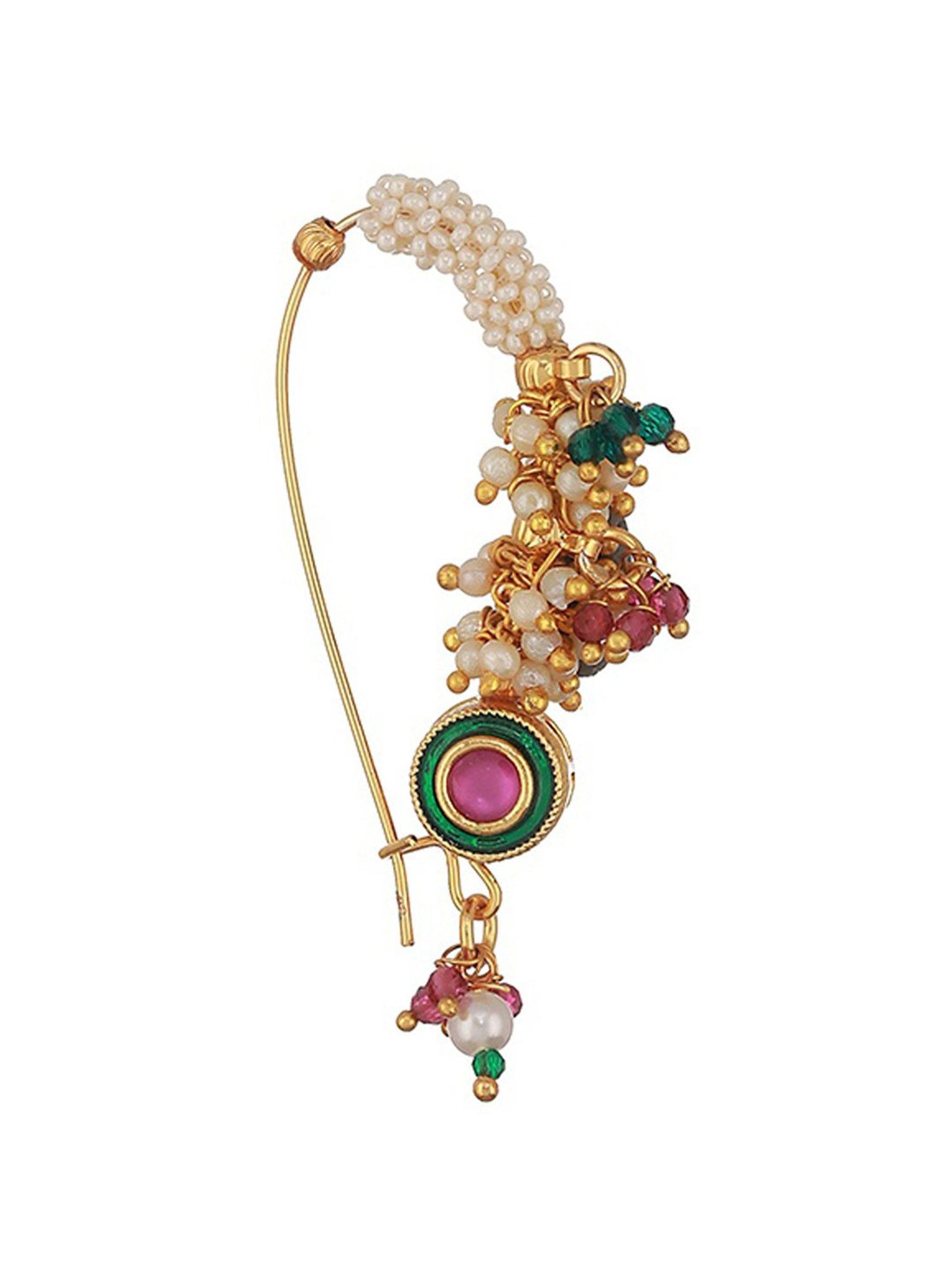 Aatmana Gold-Plated Pink Kundan Studded Handcrafted & Pear Beaded Maharashtrian Nosepin