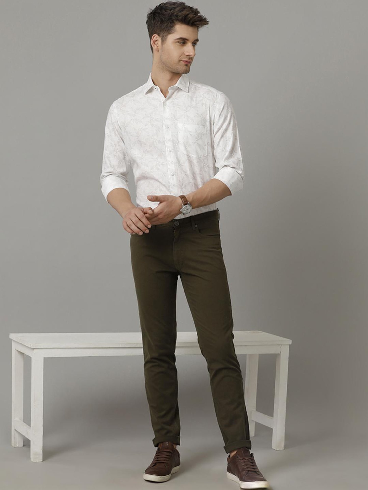 Linen Club White Linen Contemporary Fit Printed Shirt