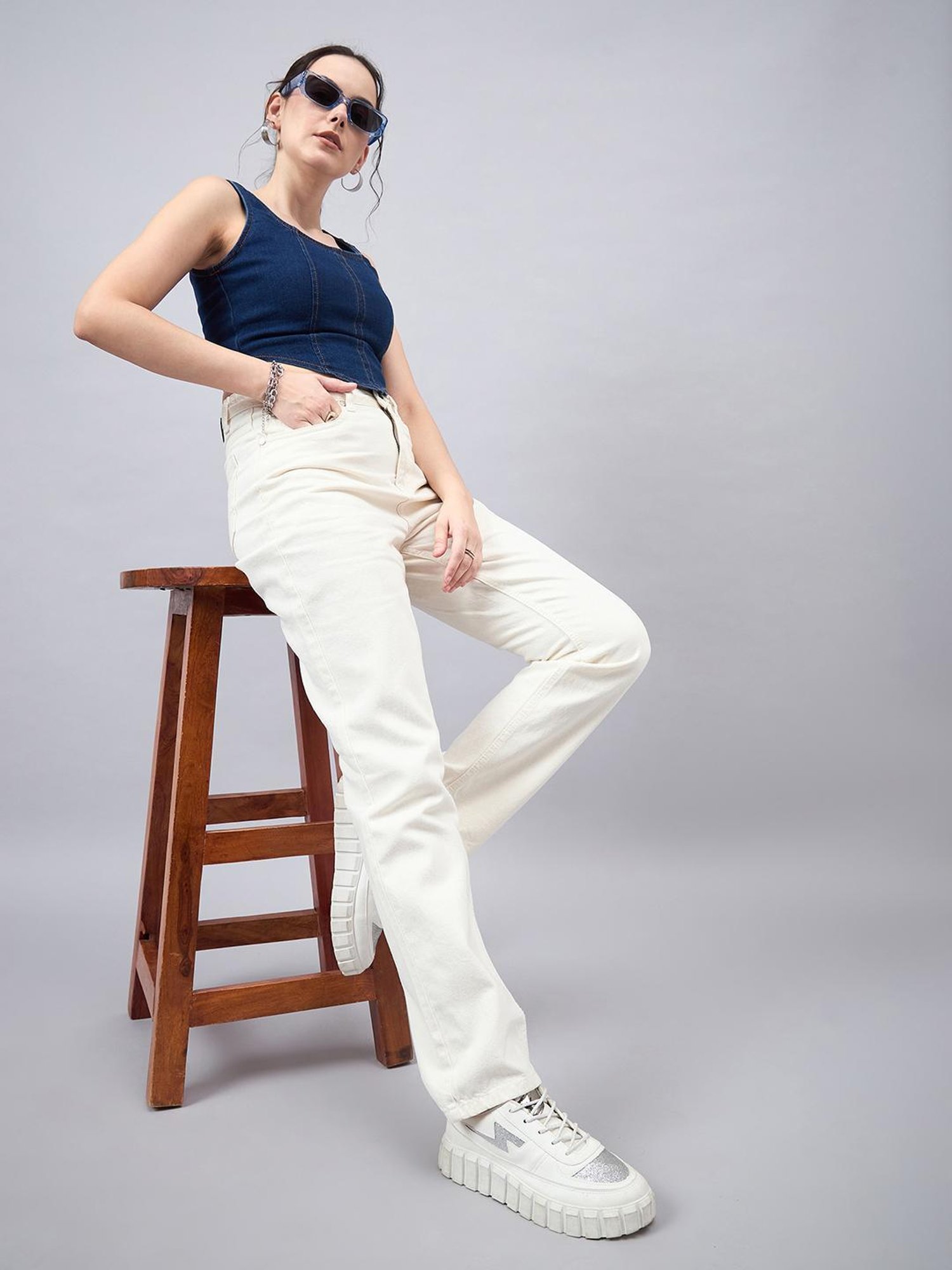 Style Quotient White Cotton Regular Fit Jeans