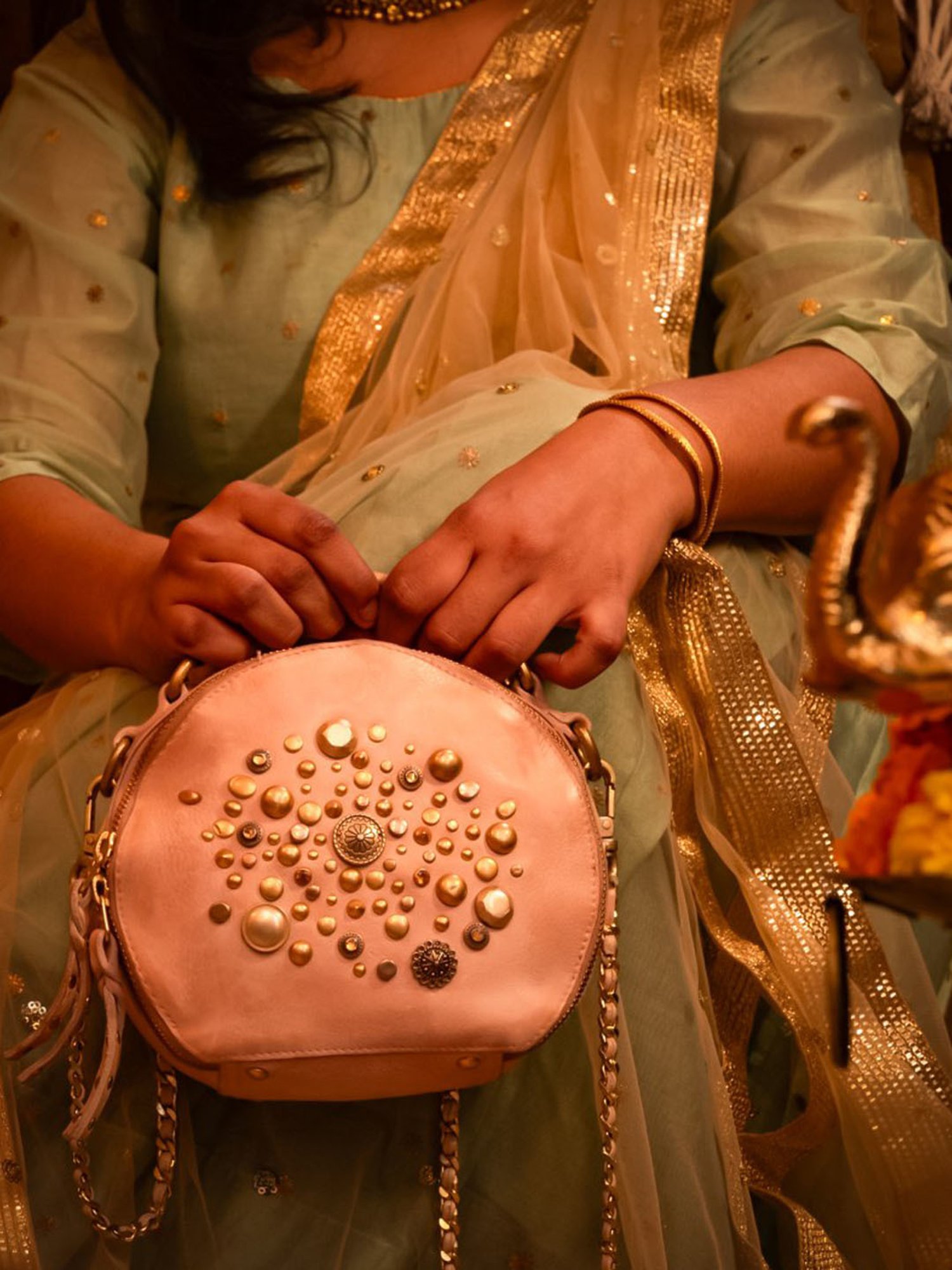 Art N Vintage Rivet & Concho Cream Leather Embellished Small Handbag