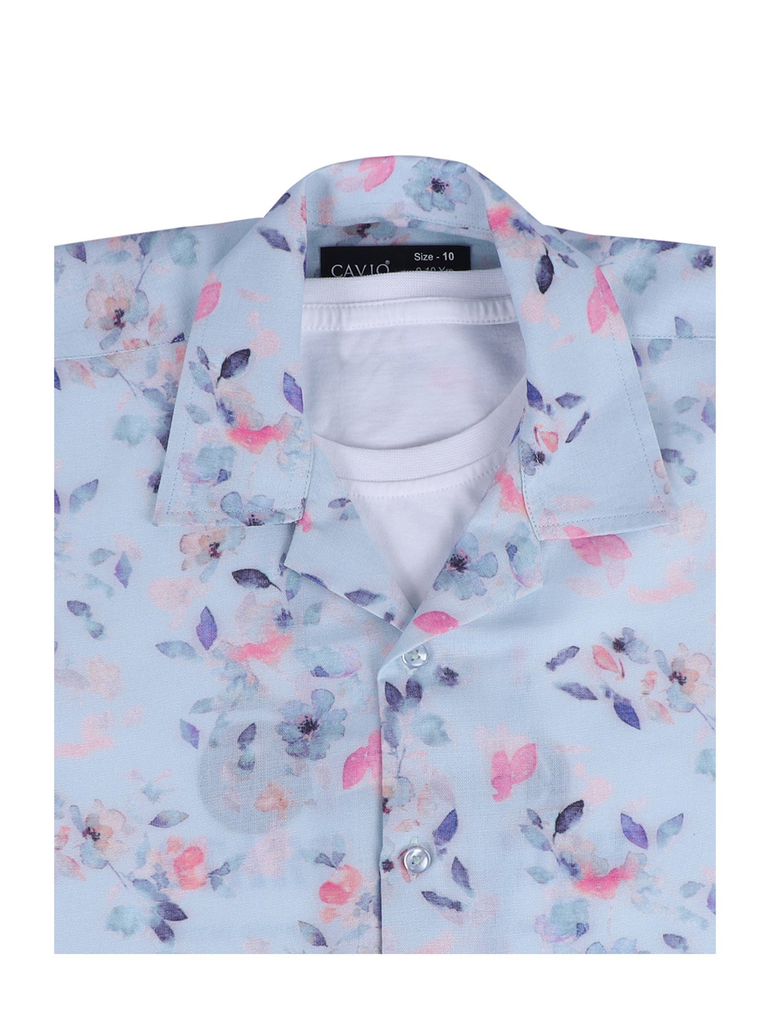 Cavio Kids Sky Blue Floral Print Shirt with T-Shirt