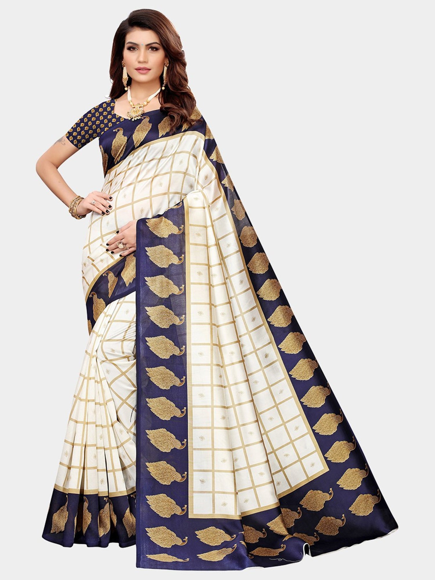 KSUT Beige & Purple Check Saree With Blouse