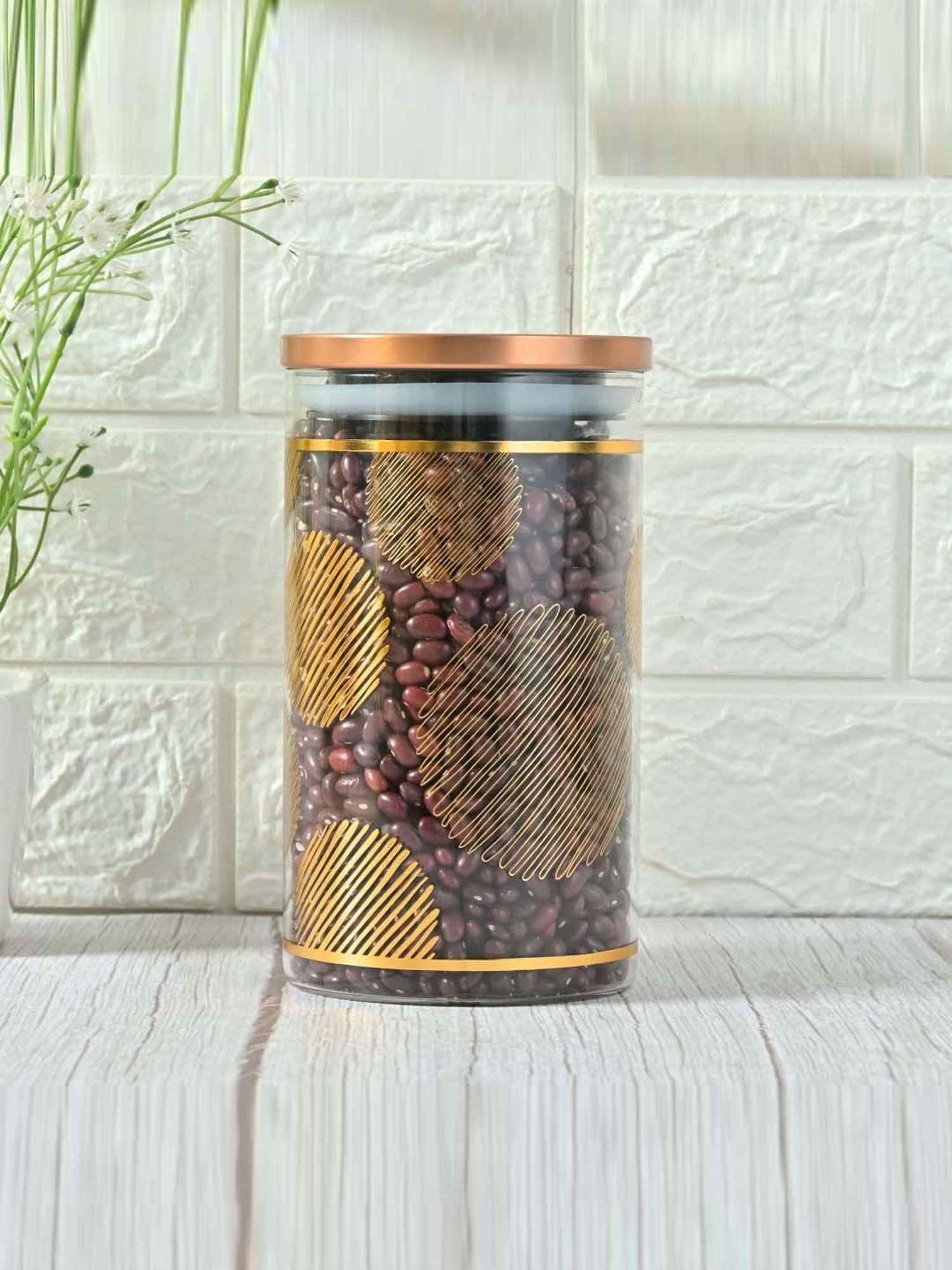 Femora Golden Borosilicate Glass Kitchen Storage Jar With Airtight Steel Lid (1.1 L) - Set of 4