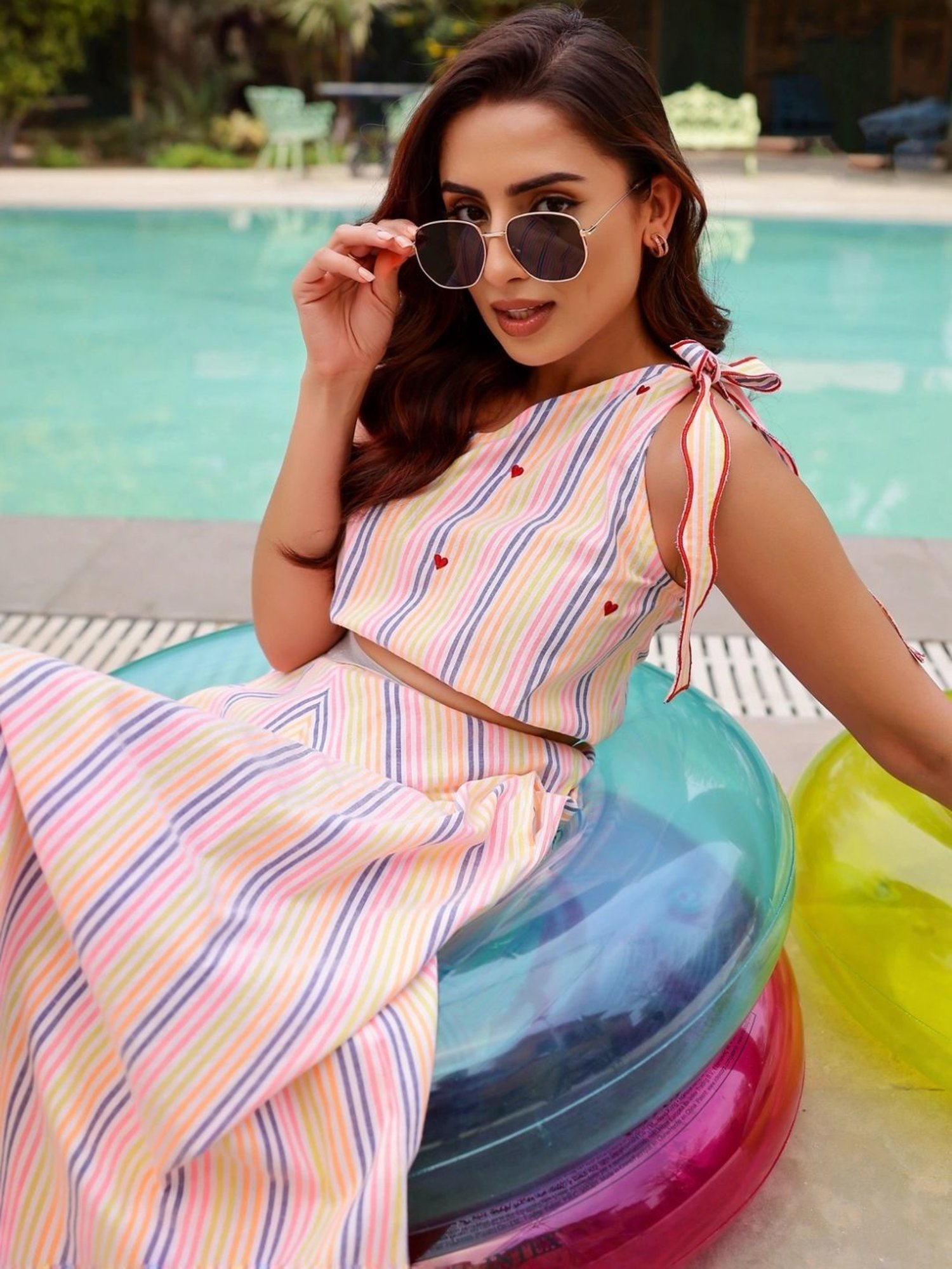 Gulaal Multicolored Stripe One Shoulder Top With A-line Skirt