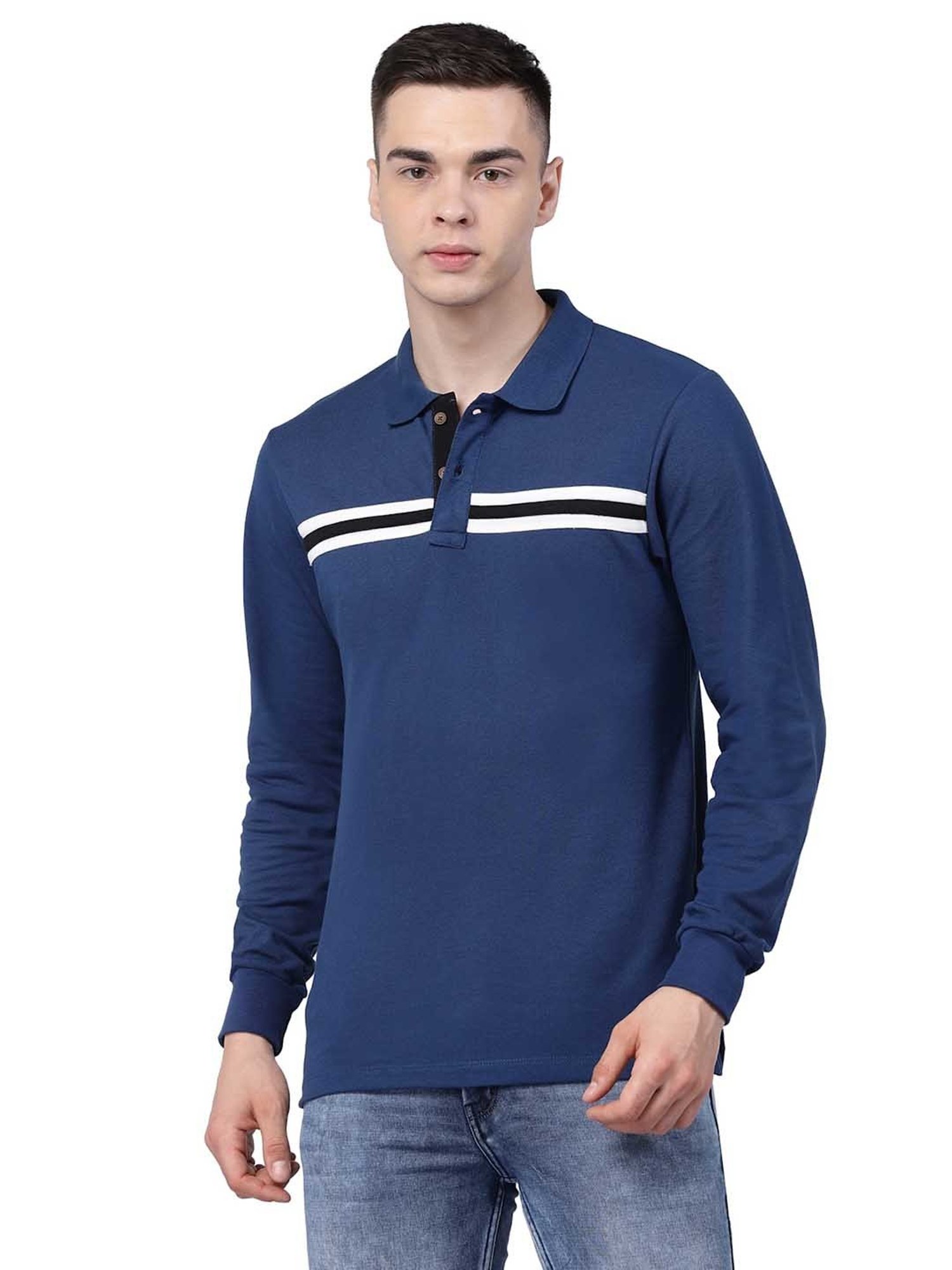 Kalt Blue Regular Fit Striped Polo T-Shirt