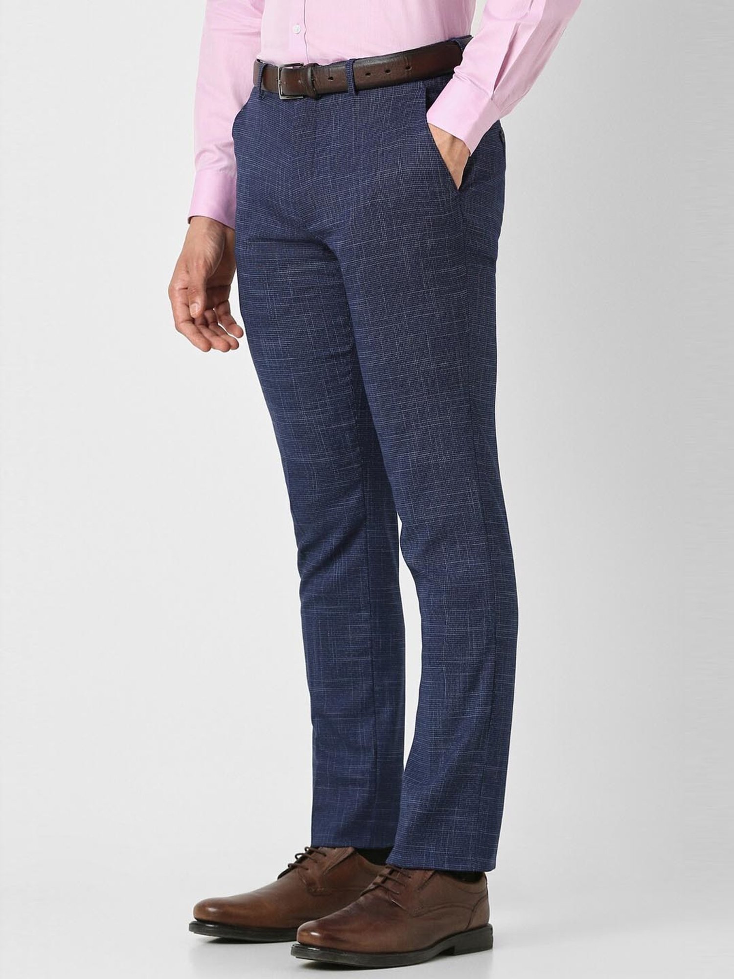 V Dot Navy Skinny Fit Self Pattern Trousers