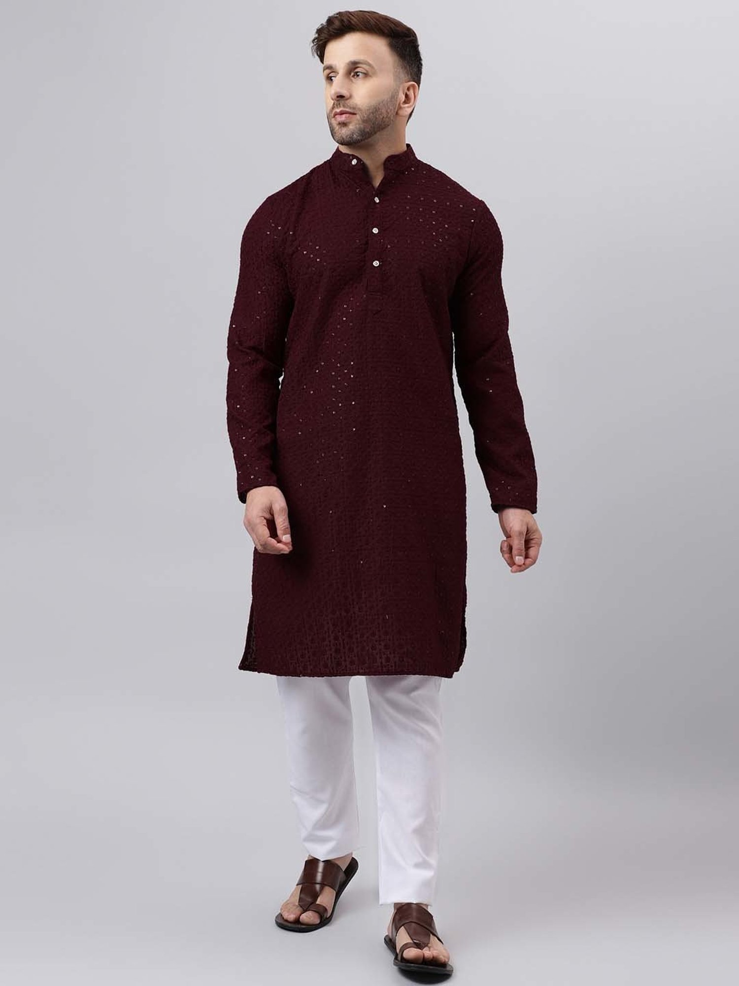 Hangup Maroon & White Regular Fit Embroidered Kurta & Pyjamas Set