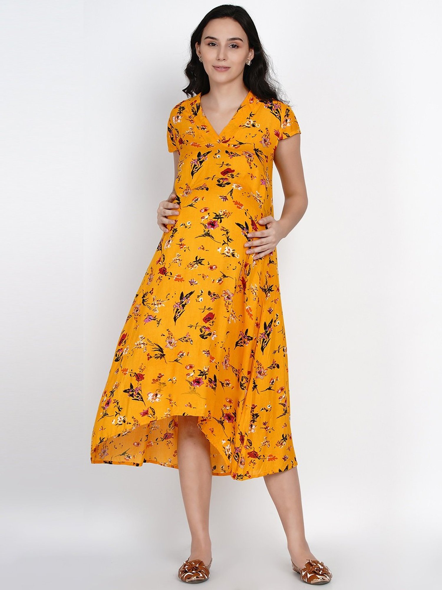 Mine4Nine Yellow Floral Print Maternity Dress