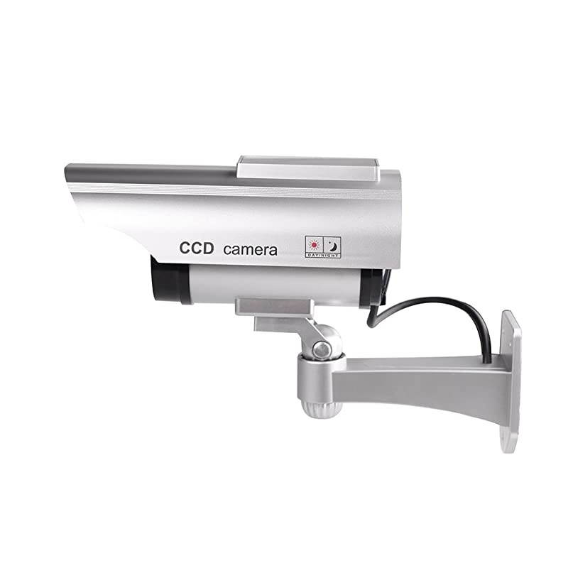 Solar Powered Bullet Dummy Fake Camera Surveillance Security CCTV Dome Camera with Flashing Red LED Light & Warning Security Alert Sticker Decals Outdoor/Indoor Use (1 Pack)