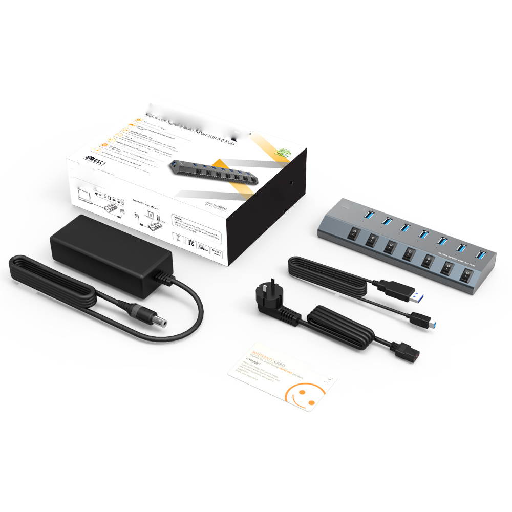 7-Port USB 3.0 Superspeed Hub with 48W Power Adapter, On/Off Switches with BC 1.2 Charging  up to 5V/2.4A per port Support for Macbook, iPad, iPhone, Laptops, Tablets, Mobile HDD and more