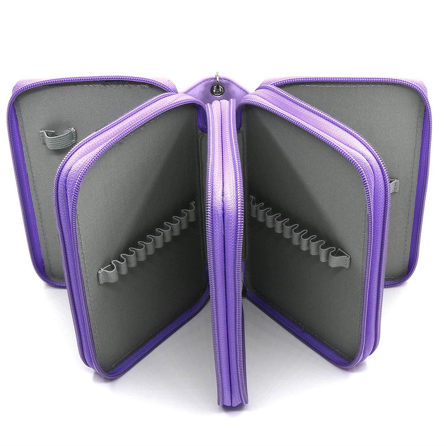 YOUSHARES 72 Slots Pencil Case - PU Leather Handy Multi-layer Large Zipper Pen Bag with Handle Strap for Colored/Watercolor Pencil (Purple)