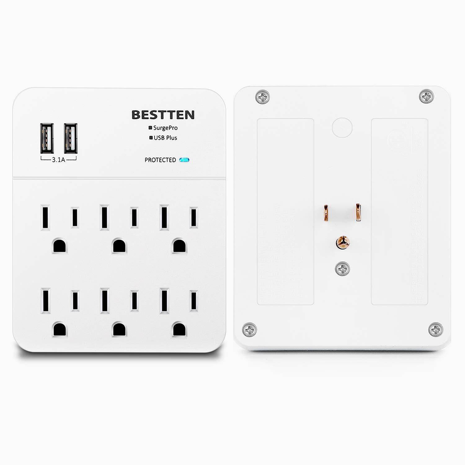 BESTTEN Multi Wall Tap Outlet Adapter Surge Protector with 2 USB Charging Ports (2.4A/Port, 3.1A Total) and 6 Electrical AC Sockets, ETL Certified, White
