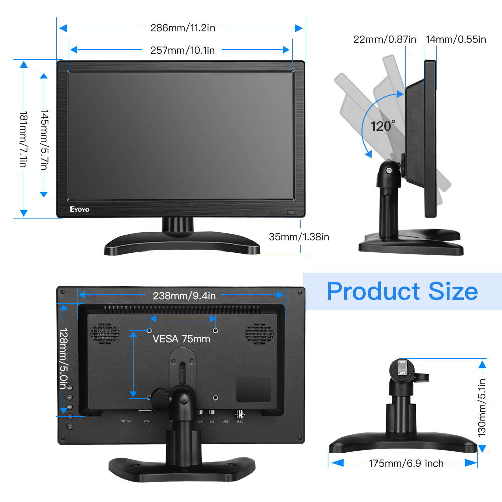Eyoyo Portable Small HDMI Monitor 12" LCD Monitor 1366x768 w/HDMI VGA BNC AV Inputs Built-in Speaker