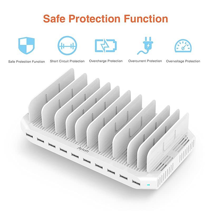 iPad Charging Station 96W 10-Port  USB Charging Station Multiple Device USB Charger with Smart IC Tech, Organizer Stand for iPhone X, Xs Max,8,7,6, Samsung Google Nexus LG, Tablets, White