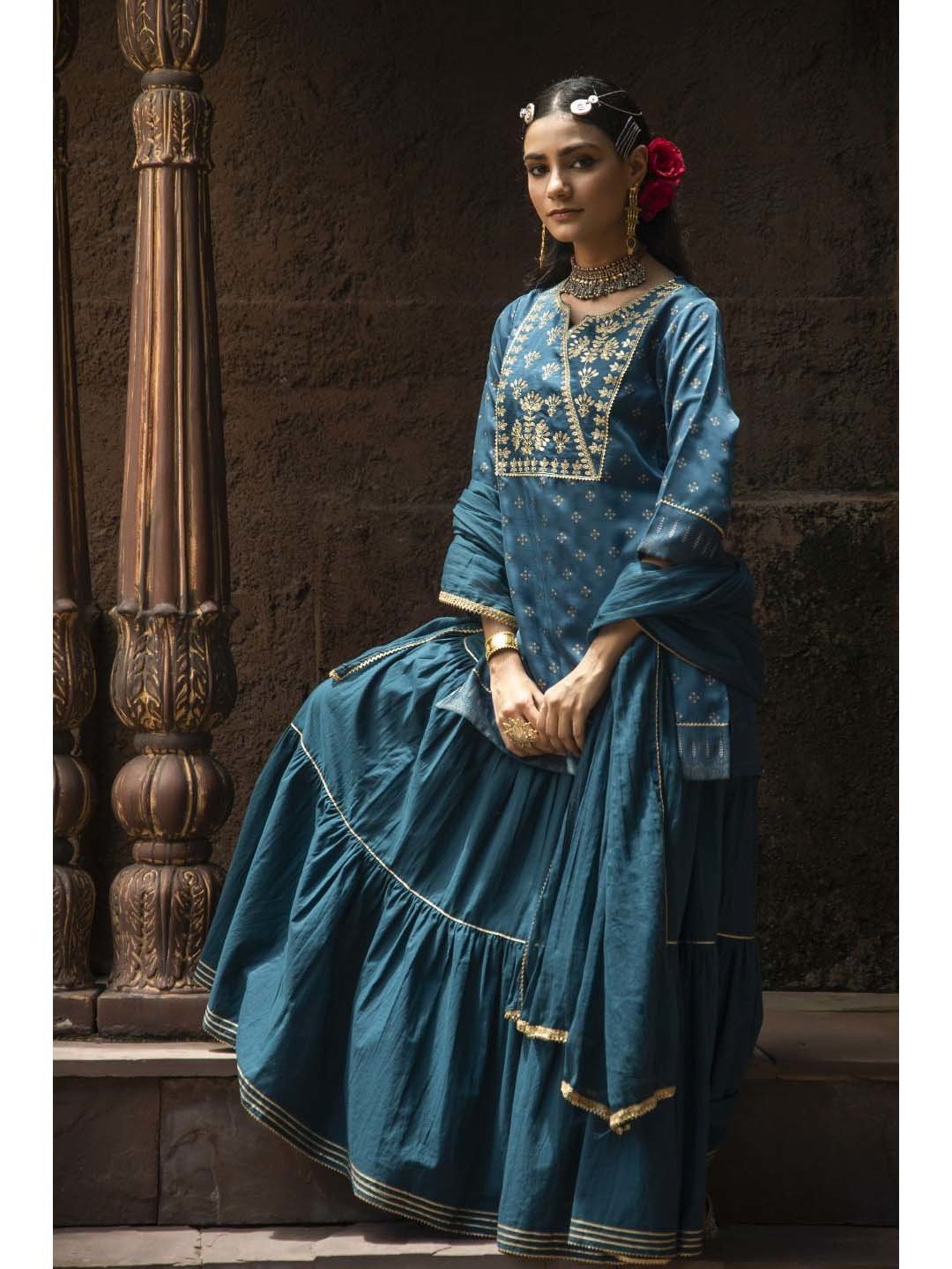 Juniper Teal Ethnic Motif Printed Satin Slub with Zari Embroidery Kurta Sharara & Dupatta Set