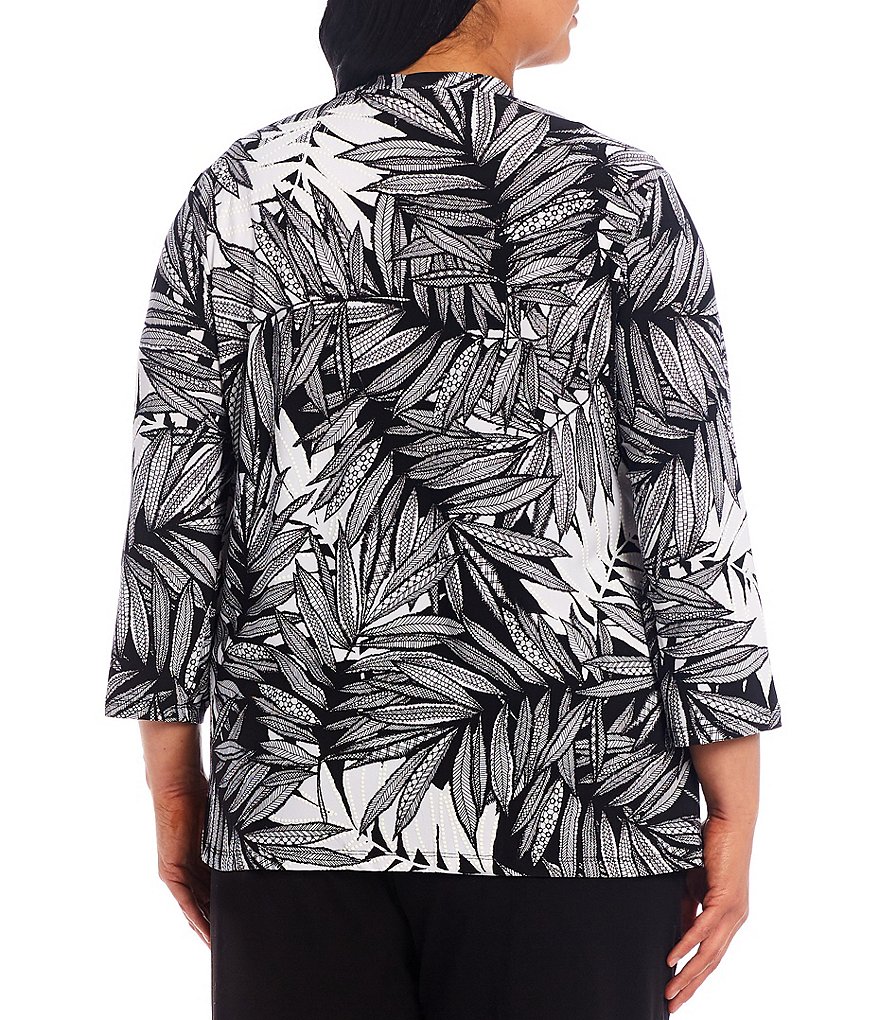 Allison Daley Plus Size Tribal Palm Puff Print 3/4 Sleeve Drape Open-Front Cardigan