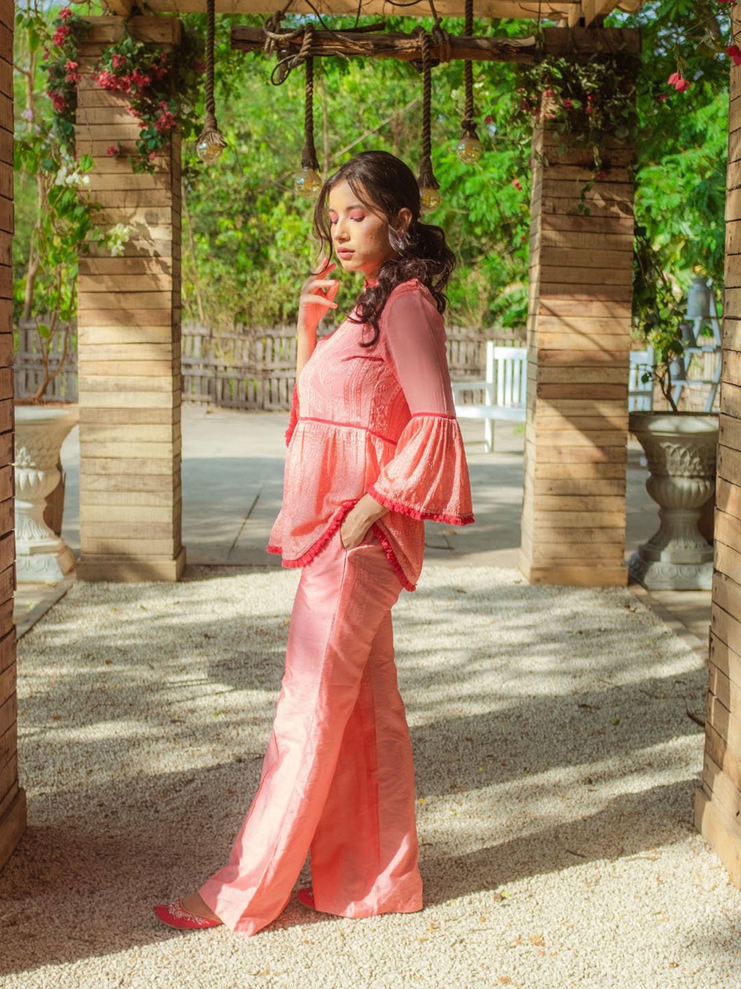 Monk and Mei Nazm Flared Chikankari Top & Pants- Peachy Melon