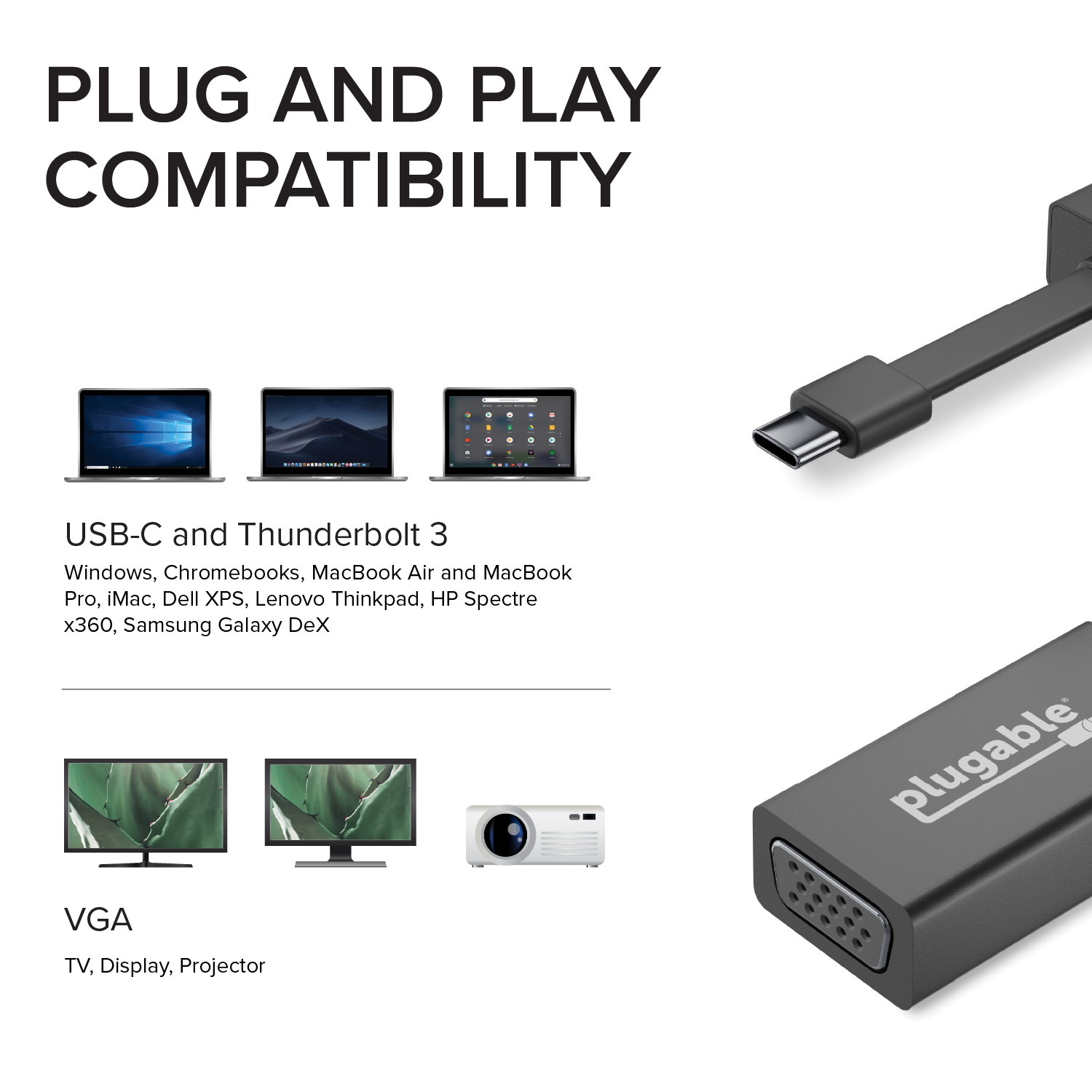Plugable USB C to VGA Adapter, Thunderbolt 3 to VGA Adapter Compatible with Macbook Pro, Windows, Chromebooks, 2018 iPad Pro, Dell XPS, and more (Supports resolutions up to 1920x1200 @ 60Hz)