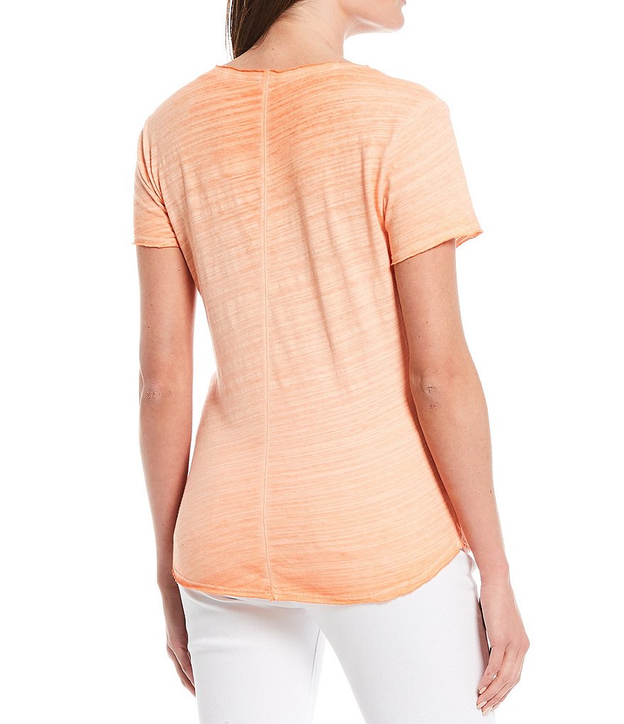 Reba Burnout V-Neck Short Sleeve Mineral Wash Slub Jersey Knit Tee