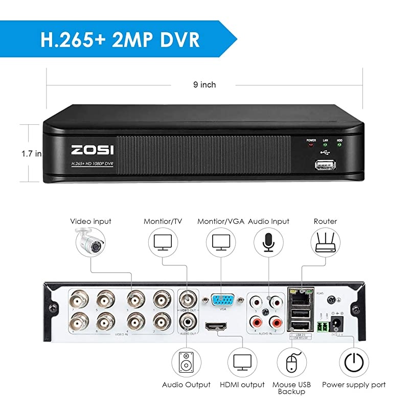 H265+ Home Security Camera System 1080pCCTV DVR 8 Channel with Hard Drive 1TB and 4 x Surveillance Bullet Camera 1080p OutsideRemote Access and Motion Detection