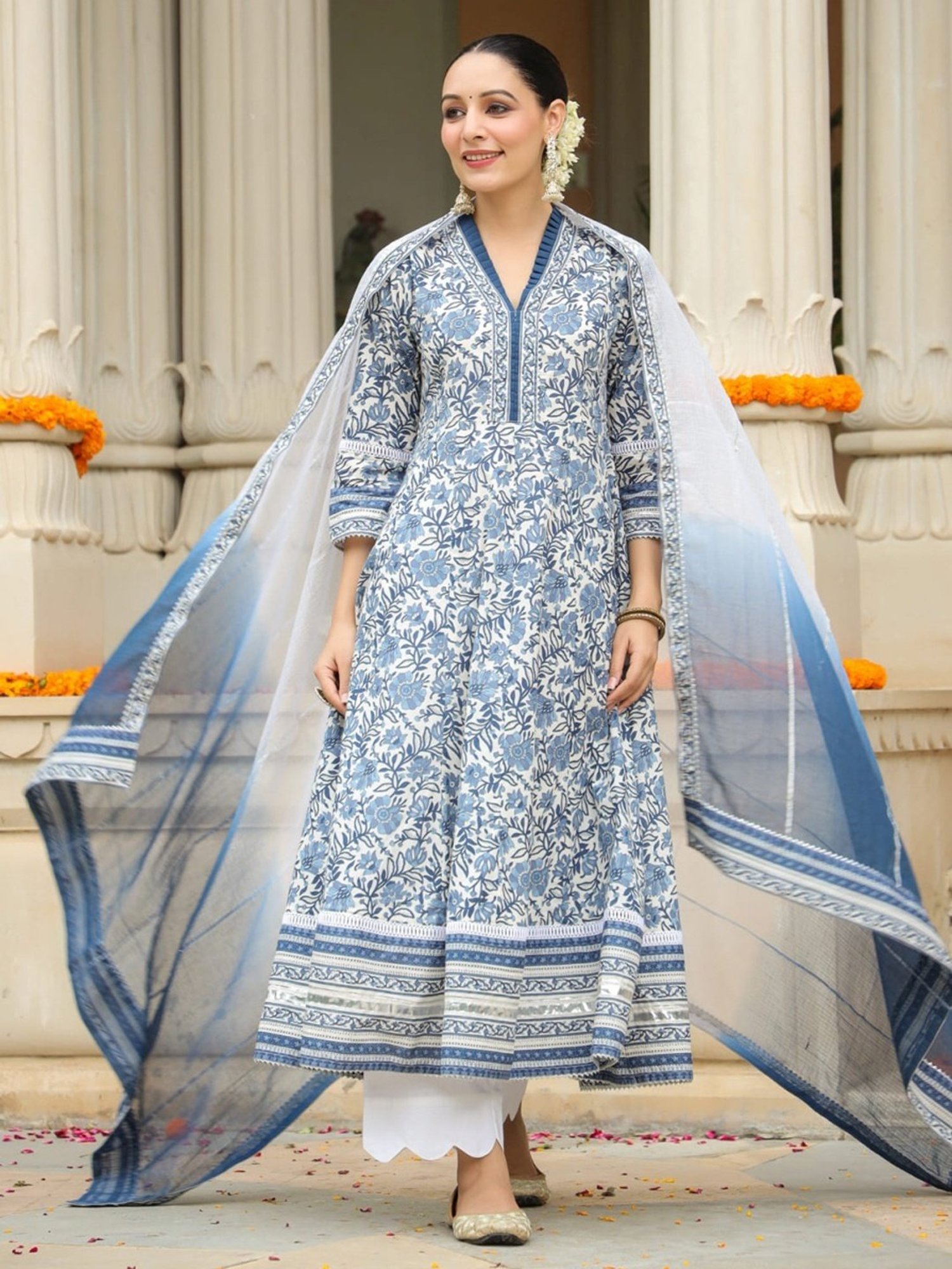 Rain and Rainbow Blue Cotton Floral Print Kurta Pant Set With Dupatta