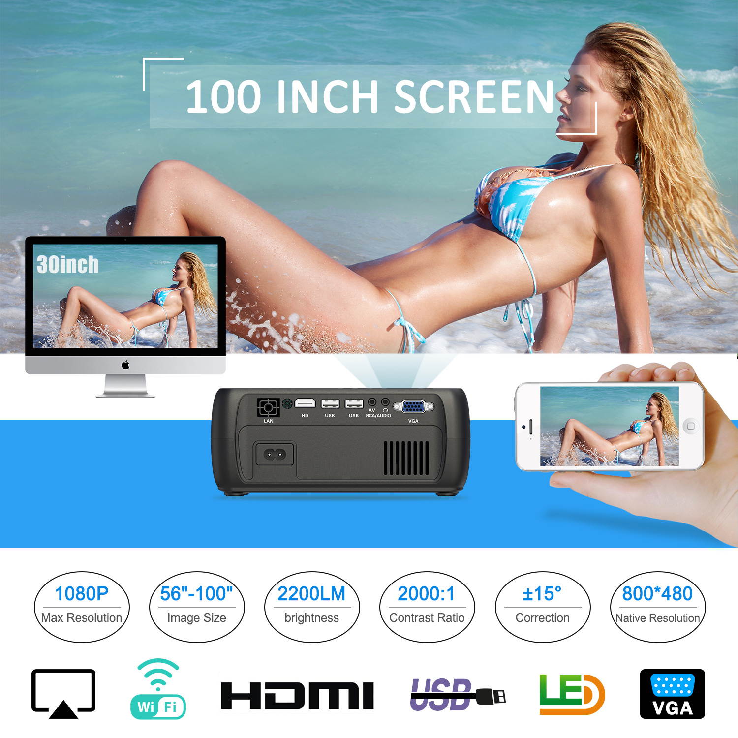 Projector  800*480 Zoom Function 100" Home Theater Projector, 100lumens,10000:1 Contrast Ratio Compatible w/ TV Stick, HDMI, Laptop, PPT Presentation