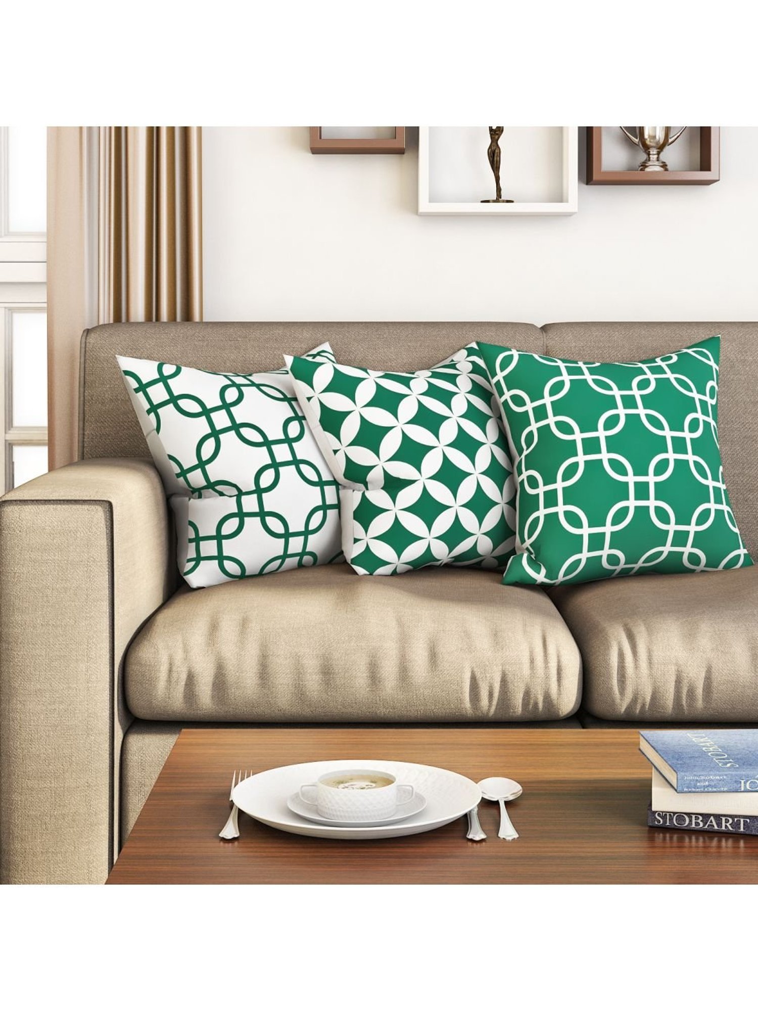 SEJ by Nisha Gupta Green & White Cushion Covers - Set of 3