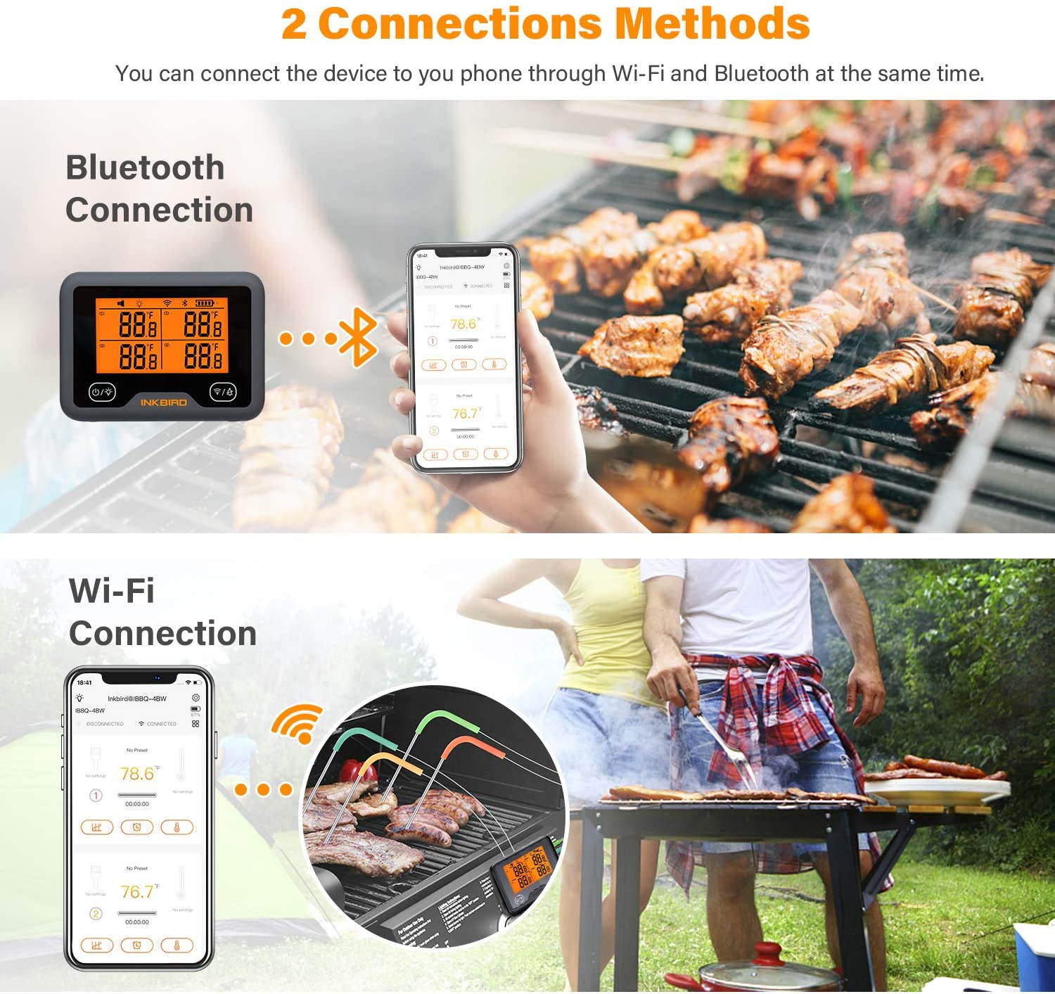 Inkbird Wi-Fi Bluetooth Grill Thermometer IBBQ-4BW, Wireless Meat Thermometer with 4 Probes, Timer, High/Low Temp Alarm, WiFi Meat Grill Thermometer for Smoker, Oven, Kitchen, Drum