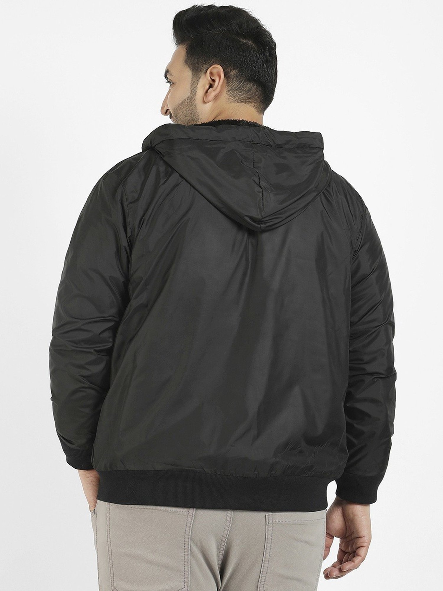 Instafab Plus Black Regular fit Plus Size Hooded Jacket