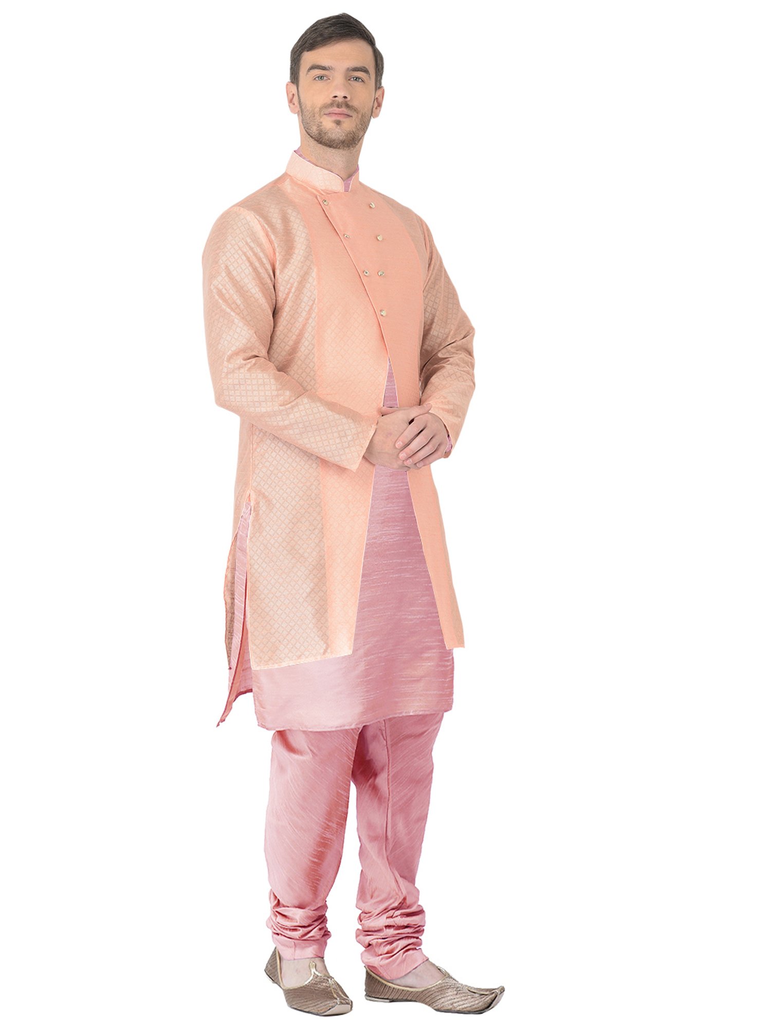 SG RAJASAHAB Peach Regular Fit Self Pattern Kurta Set
