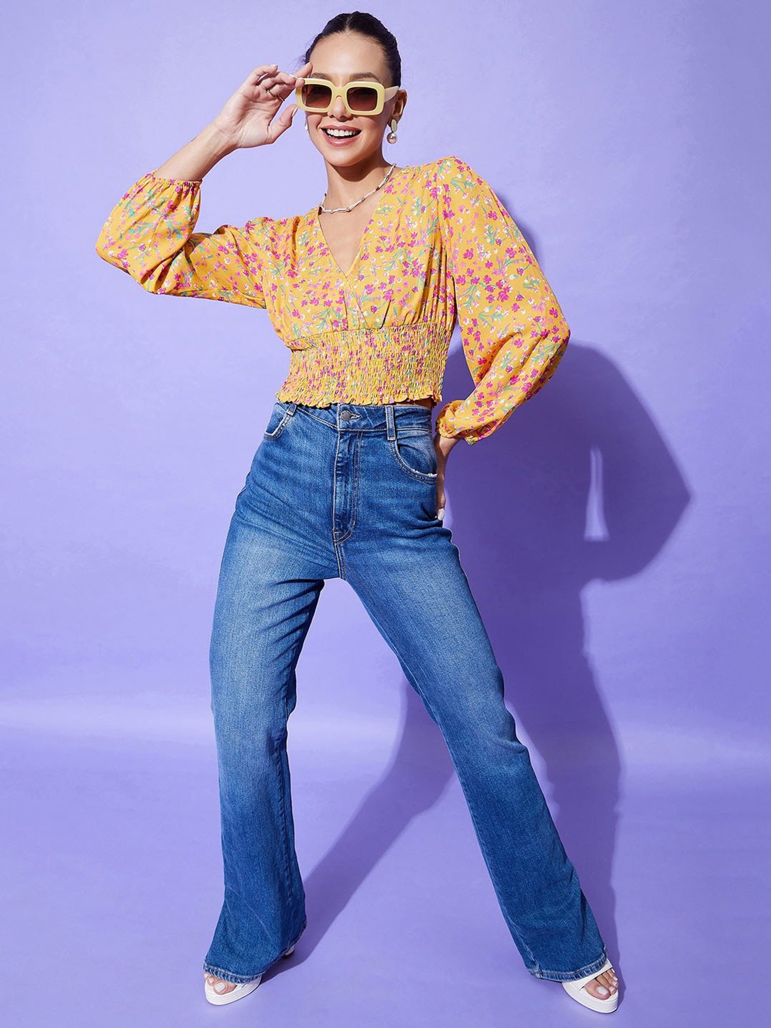 StyleStone Yellow Printed Crop Top