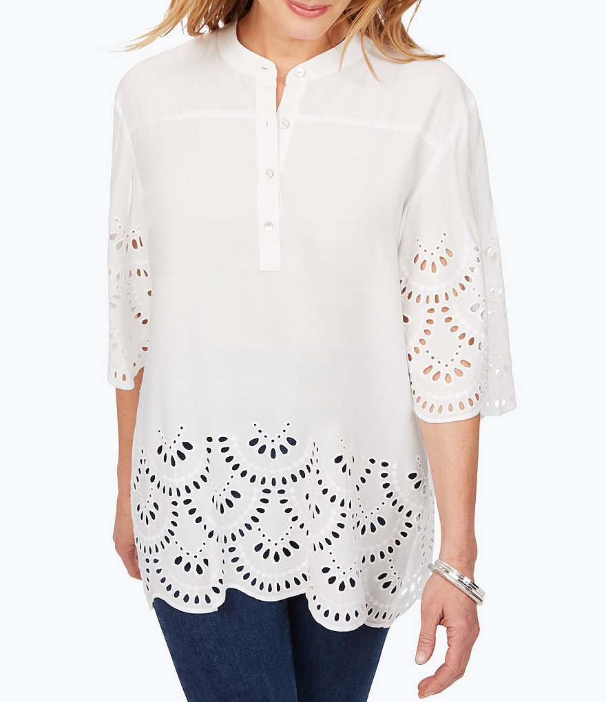 Foxcroft Bailey 3/4 Sleeve Scallop Detailed Tunic