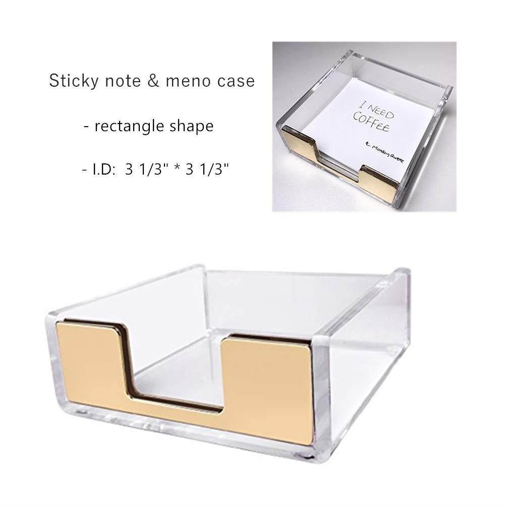 UNIQOOO 5 Count Super Thick Clear Acrylic Gold Finish Stationery Set - Desk Stapler, Pen Holder, Tape Dispenser, Memo Case, Paper Clips- Great for Modern Office, Arts Lover, Calligrapher, Xmas Gift