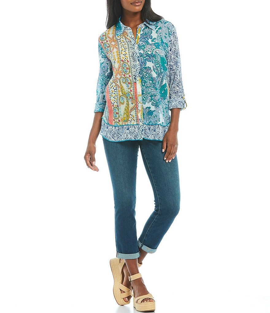 Tru Luxe Jeans Mixed Print Roll-Tab Sleeve Crinkle Shirt