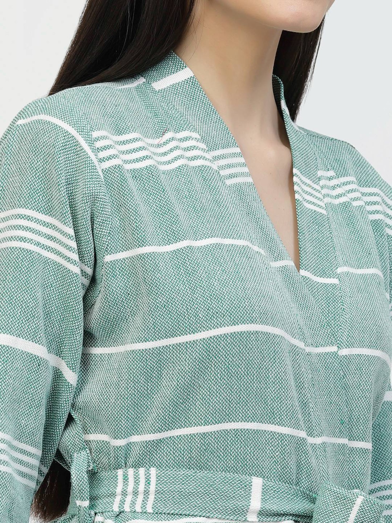 Klotthe Stripes Green 210 GSM Cotton Bath Robe with Belt