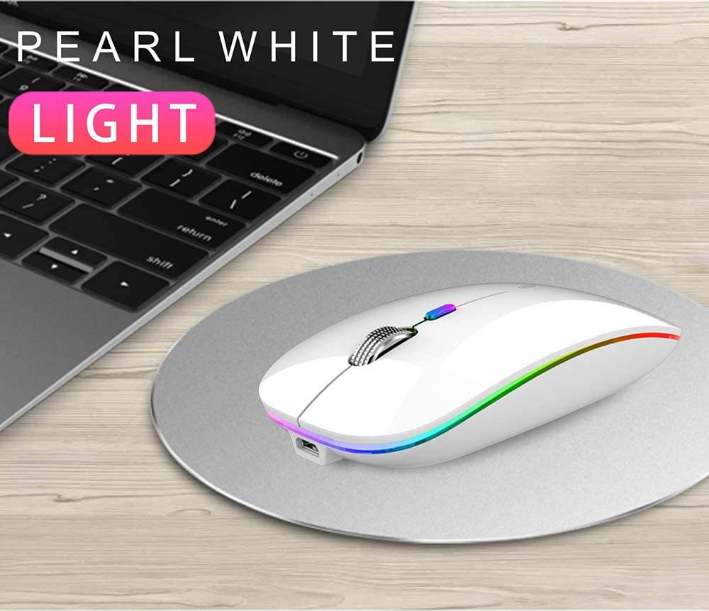 LED Wireless Mouse, Uiosmuph G12 Slim Rechargeable Wireless Silent Mouse, 2.4G Portable USB Optical Wireless Computer Mice with USB Receiver and Type C Adapter (White)