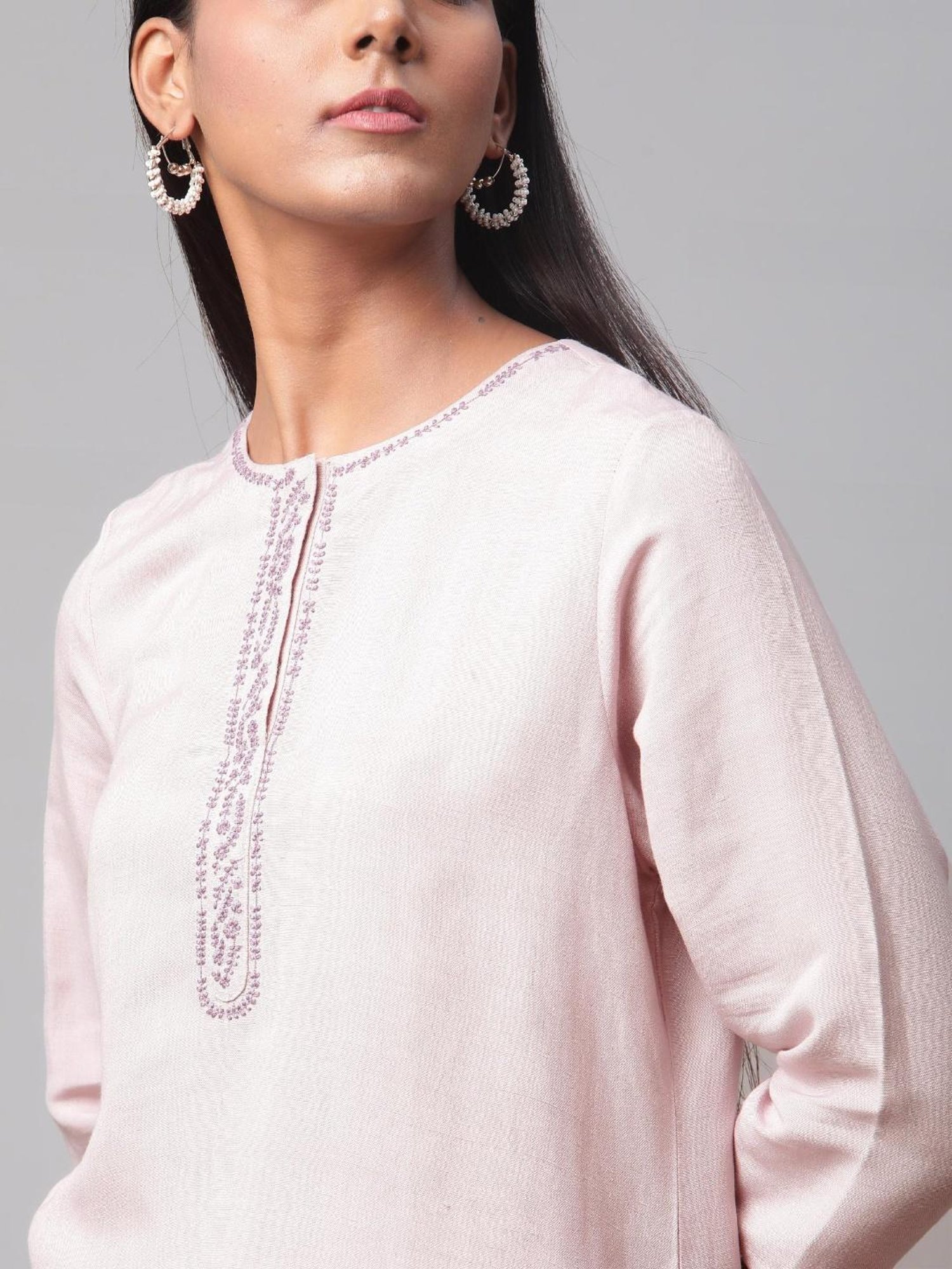 Linen Club Women Light Pink Embroidered Kurta