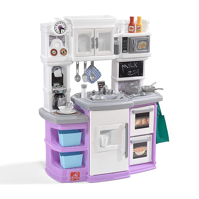 Step2 Great Gourmet Kids Play Pretend Mini Kitchen Playset with 36 Piece Accessory Set, Double Oven, Microwave, and Fridge for Toddler Food Cooking