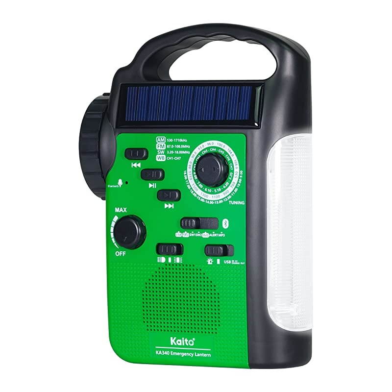 KA340 5Way Powered Rechargeable LED Camping Lantern Emergency AMFMSW NOAA Weather Alert Radio with Bluetooth Flashlight 5V USB Mobile Phone Charger MP3 Player Siren Green