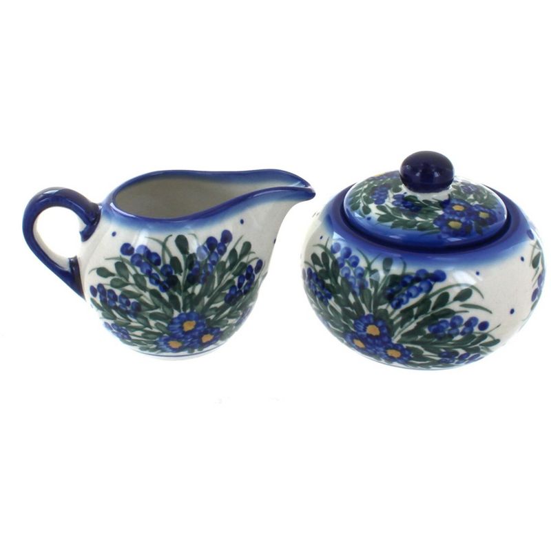 Blue Rose Polish Pottery Hyacinth Sugar Bowl & Creamer Set