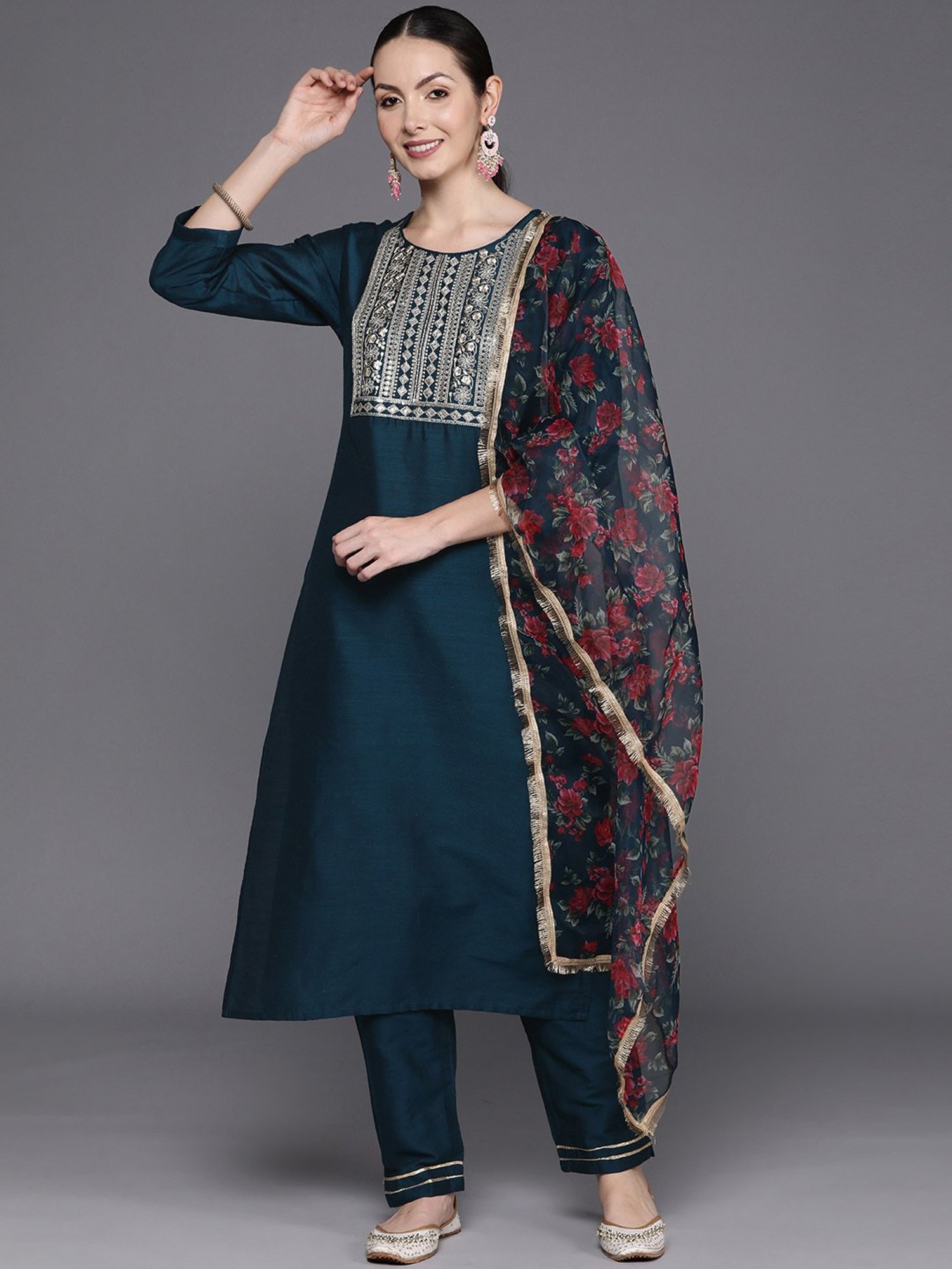 Indo Era Blue Embroidered Kurta Pant Set With Dupatta