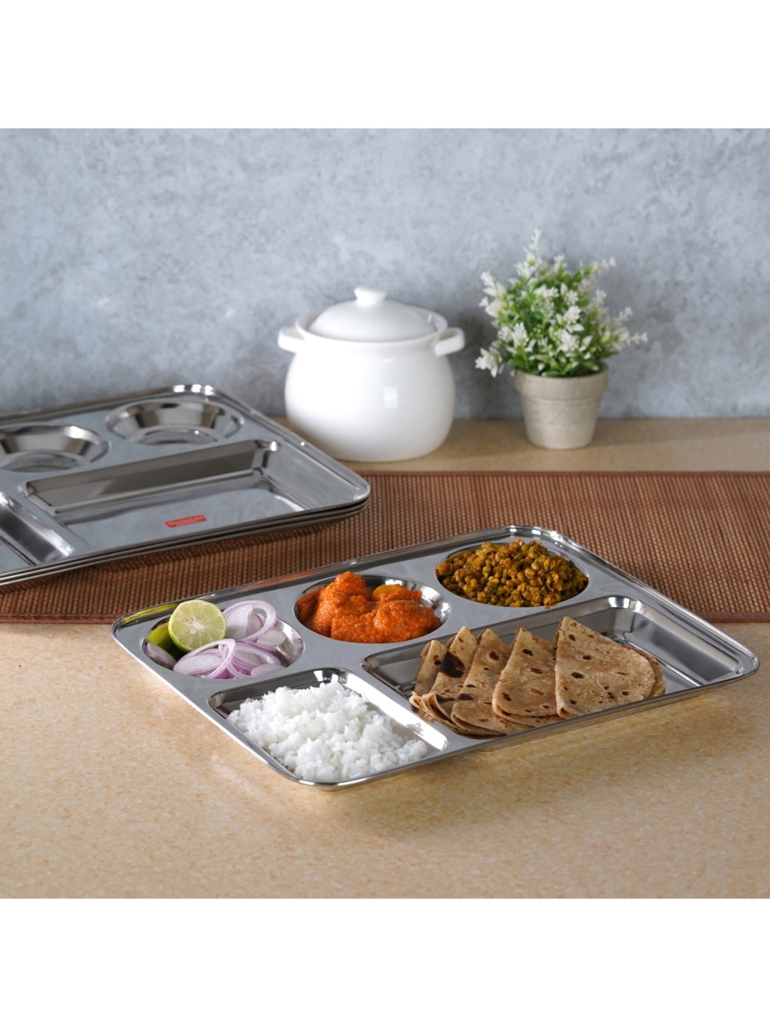 Sumeet S.S. Rectangular 5 in 1 Compartment Lunch/Dinner Plate Set of 4Pcs, 33.5cm Dia, Silver