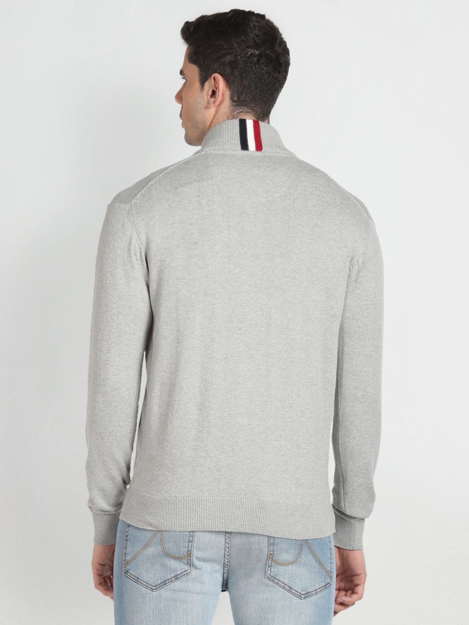 Arrow Sport Grey Cotton Regular Fit Striped Sweater
