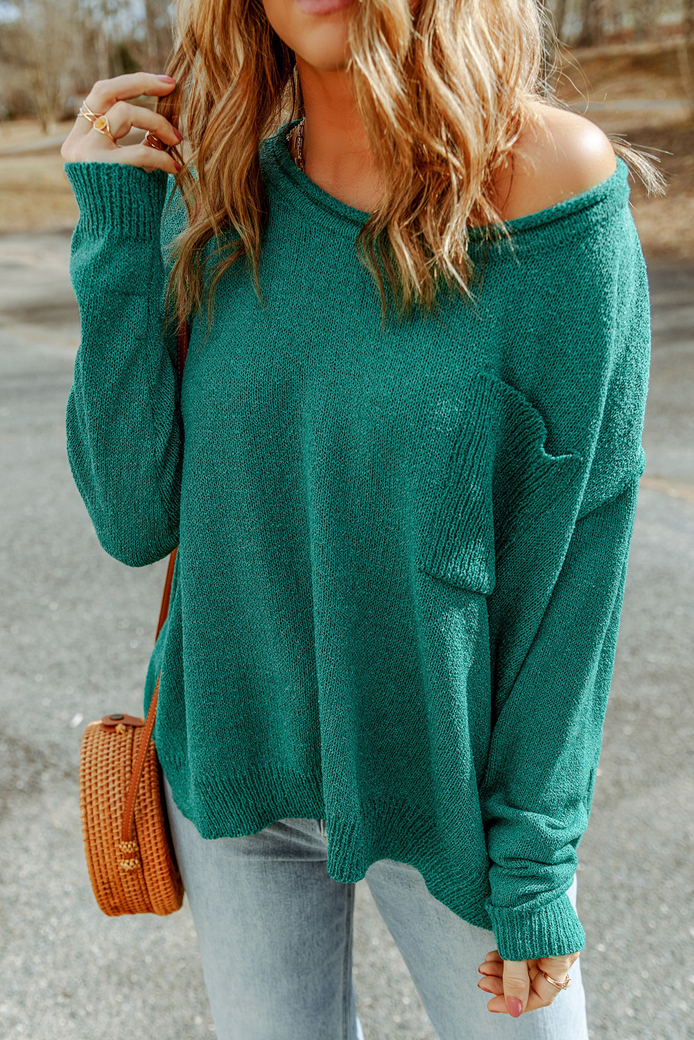 Yellow Drop Shoulder Henley Pullover Sweater With Slits